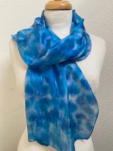 Load image into Gallery viewer, Hand Dyed Silk Neck Scarf in Turquoise Blue Azure White by Designer Silk Artist
