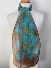 Load image into Gallery viewer, Leaves Design Hand Painted Silk Neck Scarf in Brown Aqua