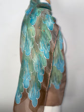 Load image into Gallery viewer, Leaves Design Hand Painted Silk Neck Scarf in Brown Aqua