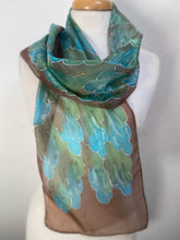 Load image into Gallery viewer, Leaves Design Hand Painted Silk Neck Scarf in Brown Aqua