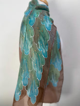 Load image into Gallery viewer, Leaves Design Hand Painted Silk Neck Scarf in Brown Aqua
