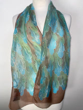 Load image into Gallery viewer, Leaves Design Hand Painted Silk Neck Scarf in Brown Aqua