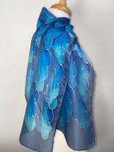 Load image into Gallery viewer, Leaves Design Hand Painted Silk Neck Scarf in Blues