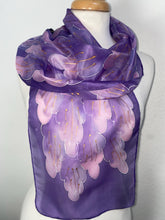 Load image into Gallery viewer, Leaves Design Hand Painted Silk Neck Scarf in Lilac Purple