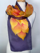 Load image into Gallery viewer, Flames Design Hand Painted Silk Neck Scarf in Fire Shades and Dark Purple