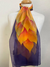 Load image into Gallery viewer, Flames Design Hand Painted Silk Neck Scarf in Fire Shades and Dark Purple