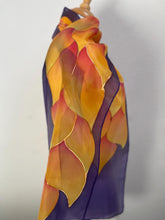 Load image into Gallery viewer, Flames Design Hand Painted Silk Neck Scarf in Fire Shades and Dark Purple