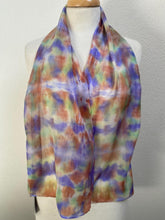 Load image into Gallery viewer, Hand Dyed Silk Neck Scarf in Purples Tan Green by Designer Silk Artist
