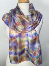 Load image into Gallery viewer, Hand Dyed Silk Neck Scarf in Purples Tan Green by Designer Silk Artist