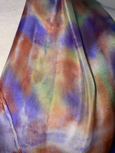 Load image into Gallery viewer, Hand Dyed Silk Neck Scarf in Purples Tan Green by Designer Silk Artist