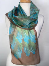 Load image into Gallery viewer, Leaves Design Hand Painted Silk Neck Scarf in Brown Aqua