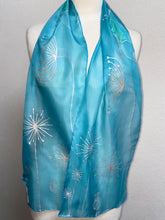 Load image into Gallery viewer, Seed Heads Butterfly Design Hand Painted Silk Neck Scarf in Light Blue, Silver