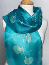Load image into Gallery viewer, Sweet Peas Design Hand Painted Silk Neck Scarf Turquoise, Silver