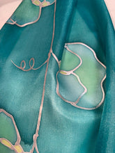 Load image into Gallery viewer, Sweet Peas Design Hand Painted Silk Neck Scarf Turquoise, Silver