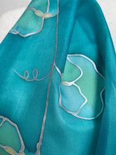Load image into Gallery viewer, Sweet Peas Design Hand Painted Silk Neck Scarf Turquoise, Silver