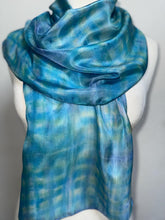 Load image into Gallery viewer, Hand Dyed Silk Neck Scarf in Turquoise Lime Navy Blue by Designer Silk Artist