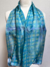 Load image into Gallery viewer, Hand Dyed Silk Neck Scarf in Turquoise Lime Navy Blue by Designer Silk Artist