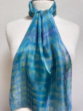 Load image into Gallery viewer, Hand Dyed Silk Neck Scarf in Turquoise Lime Navy Blue by Designer Silk Artist