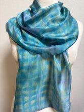 Load image into Gallery viewer, Hand Dyed Silk Neck Scarf in Turquoise Lime Navy Blue by Designer Silk Artist