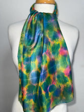 Load image into Gallery viewer, Hand Dyed Silk Neck Scarf in Green Yellow Blue Pink by Designer Silk Artist
