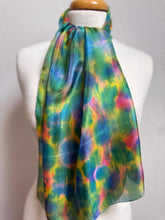 Load image into Gallery viewer, Hand Dyed Silk Neck Scarf in Green Yellow Blue Pink by Designer Silk Artist