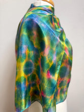 Load image into Gallery viewer, Hand Dyed Silk Neck Scarf in Green Yellow Blue Pink by Designer Silk Artist