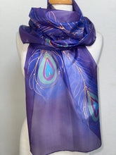 Load image into Gallery viewer, Peacock Feathers Design Long Scarf : Hand Painted Silk in Purple Blues Copper by Designer Silk Artist