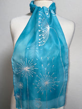 Load image into Gallery viewer, Seed Heads Butterfly Design Hand Painted Silk Neck Scarf in Light Blue, Silver