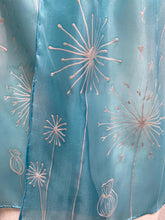 Load image into Gallery viewer, Seed Heads Butterfly Design Hand Painted Silk Neck Scarf in Light Blue, Silver