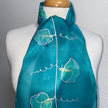 Load image into Gallery viewer, Sweet Peas Design Hand Painted Silk Neck Scarf Turquoise, Silver