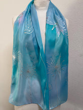 Load image into Gallery viewer, Seed Heads Design Long Scarf : Hand Painted Silk in Blue and Silver