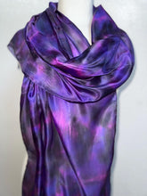 Load image into Gallery viewer, Hand Dyed Long Silk Scarf in Purple Charcoal Pink