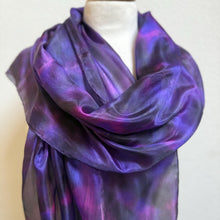 Load image into Gallery viewer, Hand Dyed Long Silk Scarf in Purple Charcoal Pink