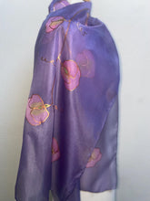 Load image into Gallery viewer, Sweet Pea Design Long Scarf : Hand Painted Silk in Light Purple Pink Copper