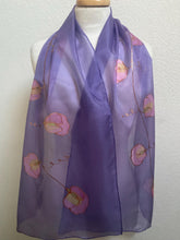 Load image into Gallery viewer, Sweet Pea Design Long Scarf : Hand Painted Silk in Light Purple Pink Copper