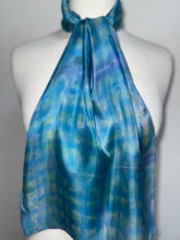 Load image into Gallery viewer, Hand Dyed Silk Neck Scarf in Turquoise Lime Navy Blue by Designer Silk Artist