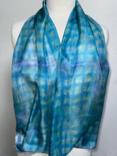 Load image into Gallery viewer, Hand Dyed Silk Neck Scarf in Turquoise Lime Navy Blue by Designer Silk Artist