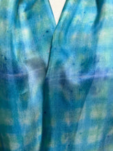 Load image into Gallery viewer, Hand Dyed Silk Neck Scarf in Turquoise Lime Navy Blue by Designer Silk Artist