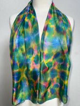 Load image into Gallery viewer, Hand Dyed Silk Neck Scarf in Green Yellow Blue Pink by Designer Silk Artist