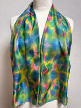Load image into Gallery viewer, Hand Dyed Silk Neck Scarf in Green Yellow Blue Pink by Designer Silk Artist