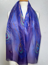 Load image into Gallery viewer, Peacock Feathers Design Long Scarf : Hand Painted Silk in Purple Blues Copper by Designer Silk Artist