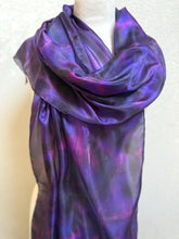 Load image into Gallery viewer, Hand Dyed Long Silk Scarf in Purple Charcoal Pink