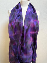 Load image into Gallery viewer, Hand Dyed Long Silk Scarf in Purple Charcoal Pink