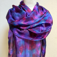 Load image into Gallery viewer, Hand Dyed Long Silk Scarf in Purple Dark Red Blue