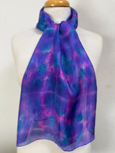 Load image into Gallery viewer, Hand Dyed Silk Neck Scarf in Purple Blue Pink by Designer Silk Artist
