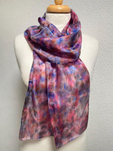 Load image into Gallery viewer, Hand Dyed Silk Neck Scarf in Red Blue Burgundy Cream by Designer Silk Artist
