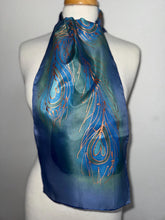 Load image into Gallery viewer, Peacock Feathers Design Hand Painted Silk Neck Scarf in Blue Green Copper