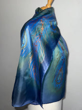 Load image into Gallery viewer, Peacock Feathers Design Hand Painted Silk Neck Scarf in Blue Green Copper