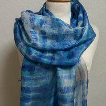 Load image into Gallery viewer, Hand Dyed Long Silk Scarf in Blues Turquoise White