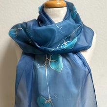 Load image into Gallery viewer, Sweet Pea Design Long Scarf : Hand Painted Silk in Blue Turquoise